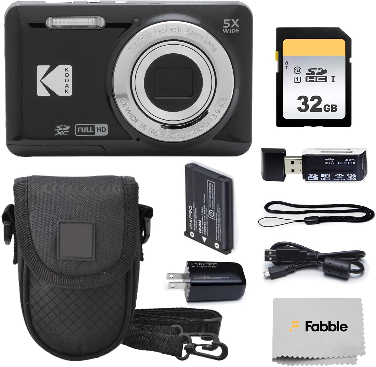 KODAK PIXPRO FZ55 16MP Digital Point & Shoot Camera, 5X Optical Zoom, 28mm Wide Angle, 1080P Full HD Video, Bundle with 32GB SD Card, Protective Case, and Hi-Speed Card Reader (Black)
