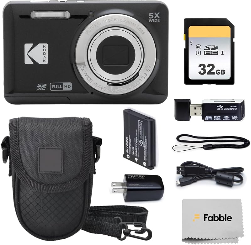 KODAK PIXPRO FZ55 16MP Digital Point & Shoot Camera, 5X Optical Zoom, 28mm Wide Angle, 1080P Full HD Video, Bundle with 32GB SD Card, Protective Case, and Hi-Speed Card Reader (Black)