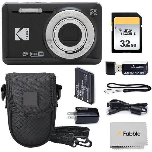 KODAK PIXPRO FZ55 16MP Digital Point & Shoot Camera, 5X Optical Zoom, 28mm Wide Angle, 1080P Full HD Video, Bundle with 32GB SD Card, Protective Case, and Hi-Speed Card Reader (Black)