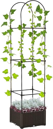 Outsunny Maceta elevada de 6 pies con enrejado, disco de autorriego, agujeros de drenaje y marco de acero para plantas trepadoras
