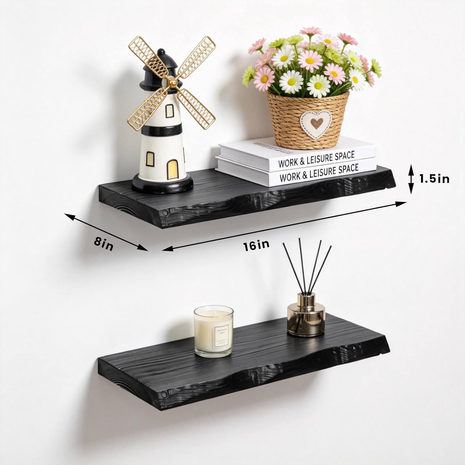 Solid Elm Wood Live Edge Floating Shelves, 16 Inch Set of 2, Black Rustic Wall Shelves with Hidden Heavy-Duty Brackets, Wall Mounted Storage for Living Room, Bathroom, Bedroom, Kitchen