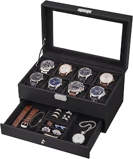SONGMICS HOME Watch Box, PU Watch Case Organizer with Glass Lid, Removable Pillows, Metal Hardware, Lockable, 8 Slots, Black