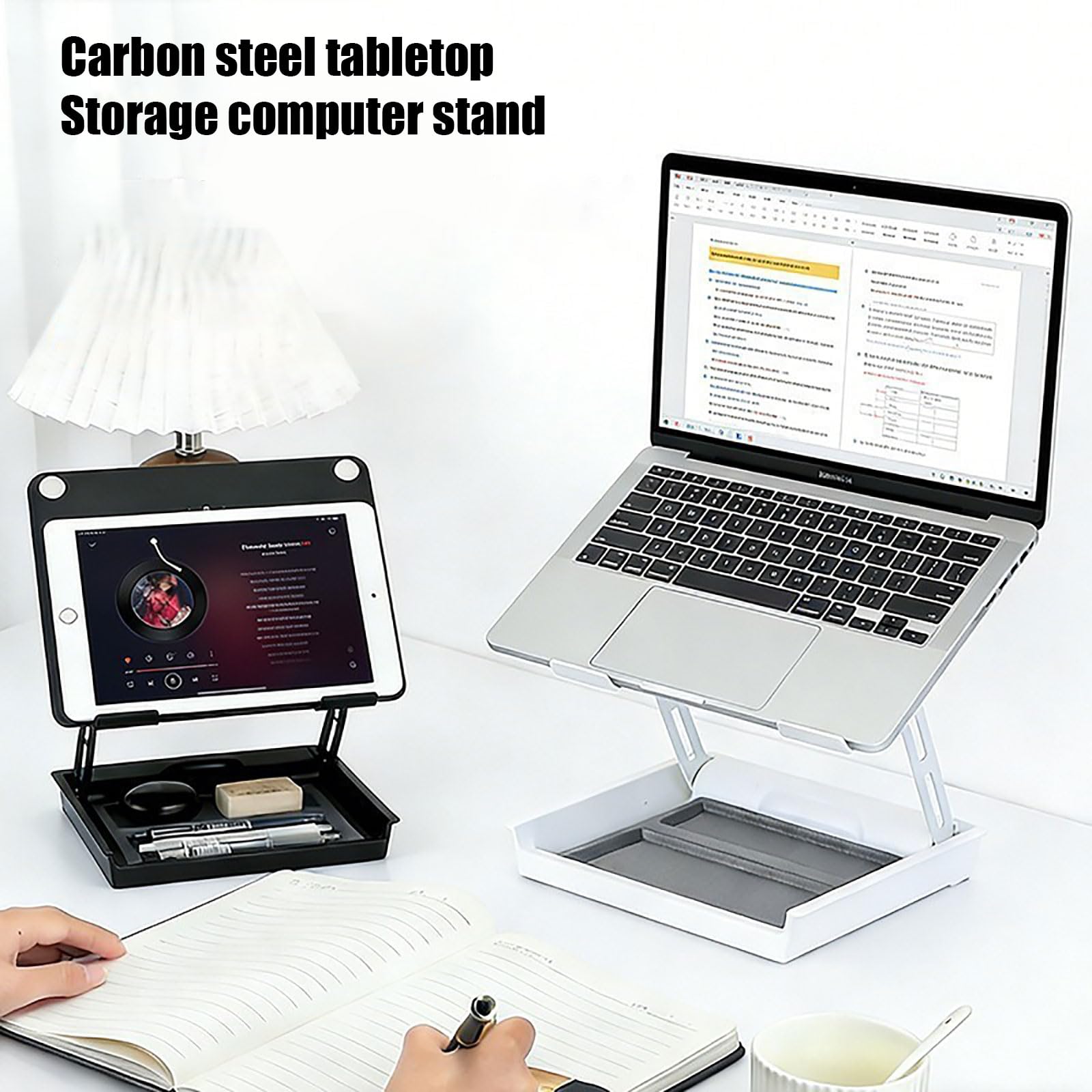 Notebook con sezione portaoggetti e ventola per ventilazione, ufficio, portatile, supporto di raffreddamento compatto, spazio di archiviazione domestico per uso professionale
