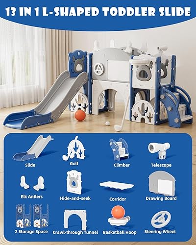 Miniatura 2 de XJD Tobogán para Niños Pequeños, Tobogán 13 en 1 para Niños Pequeños, Nueva Actualización con Set de Golf, Aro de Baloncesto, Pizarra de Dibujo