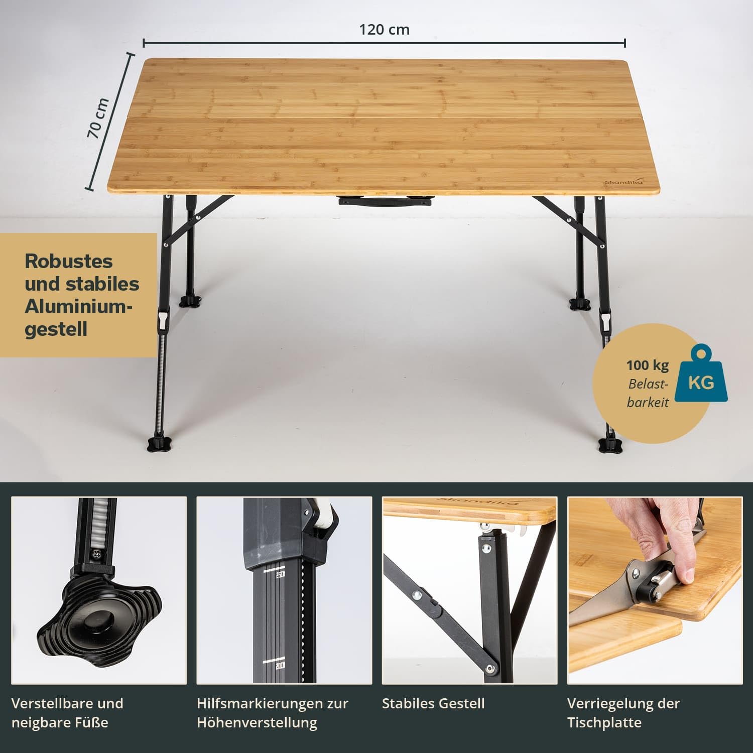 Skandika Tobro Tavolo da campeggio pieghevole | piano in bambù, regolabile in altezza, capacità di carico di 100 kg, resistente alle intemperie, borsa per il trasporto (120x70x70cm)