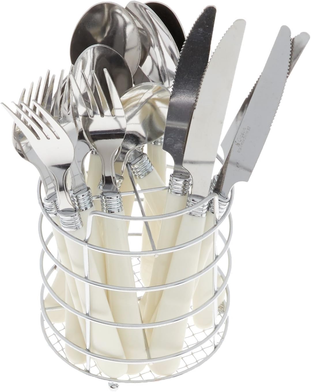 Gibson Sensations 16-Piece Stainless Steel Flatware Set with Metal Caddy - Includes Knives, Forks, Large & Small Spoons - Durable, Dishwasher Safe Silverware for Everyday Dining (White)