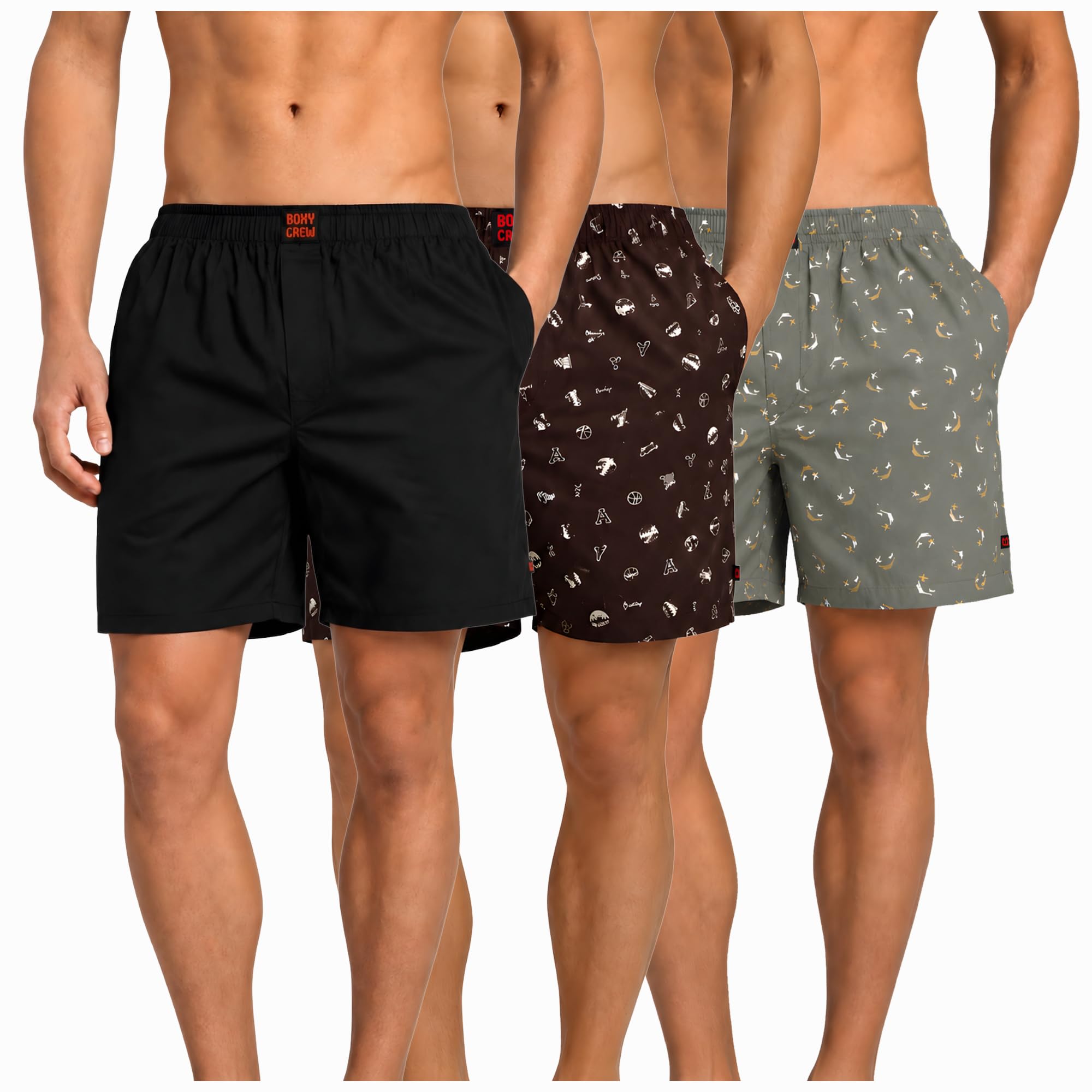 Men's 100% Cotton Boxer Shorts Pack of 3, Black, Brown & Green | Woven Boxers with Side Pockets, No-Marks Elastic Waistband, Breathable Relaxed Fit | Style 001-005-008-image-16