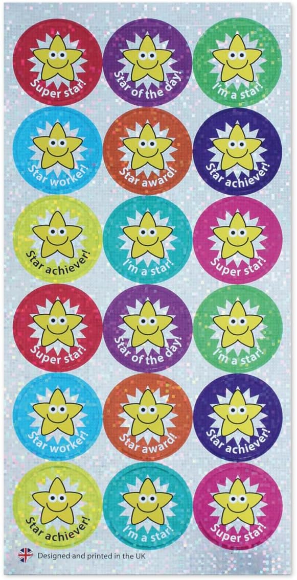 Sparkly Star Mixed Praise Stickers - 28mm. Bulk Pack of 108 stickers.