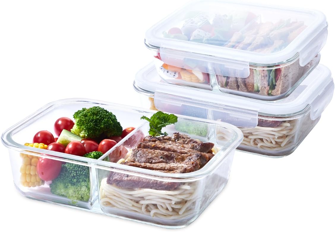 [3-Pack] Glass Meal Prep Containers 2 Compartment, Glass Food Storage Containers Set with Airtight Locking Lids, BPA Free Divided Glass Bento Lunch Boxes 33.8oz x2 + 49oz
