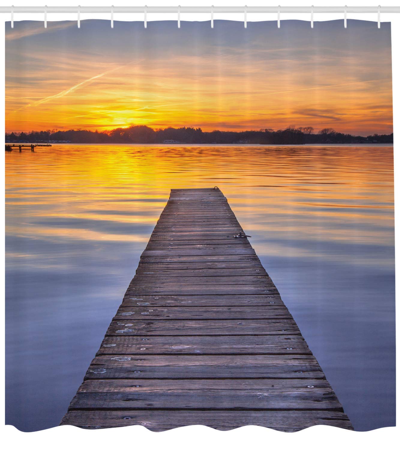 ABAKUHAUS Lake Shower Curtain, Summer Sunset over Serene Water of Lake Paterwoldsemeer with Wooden Jetty - Image 2