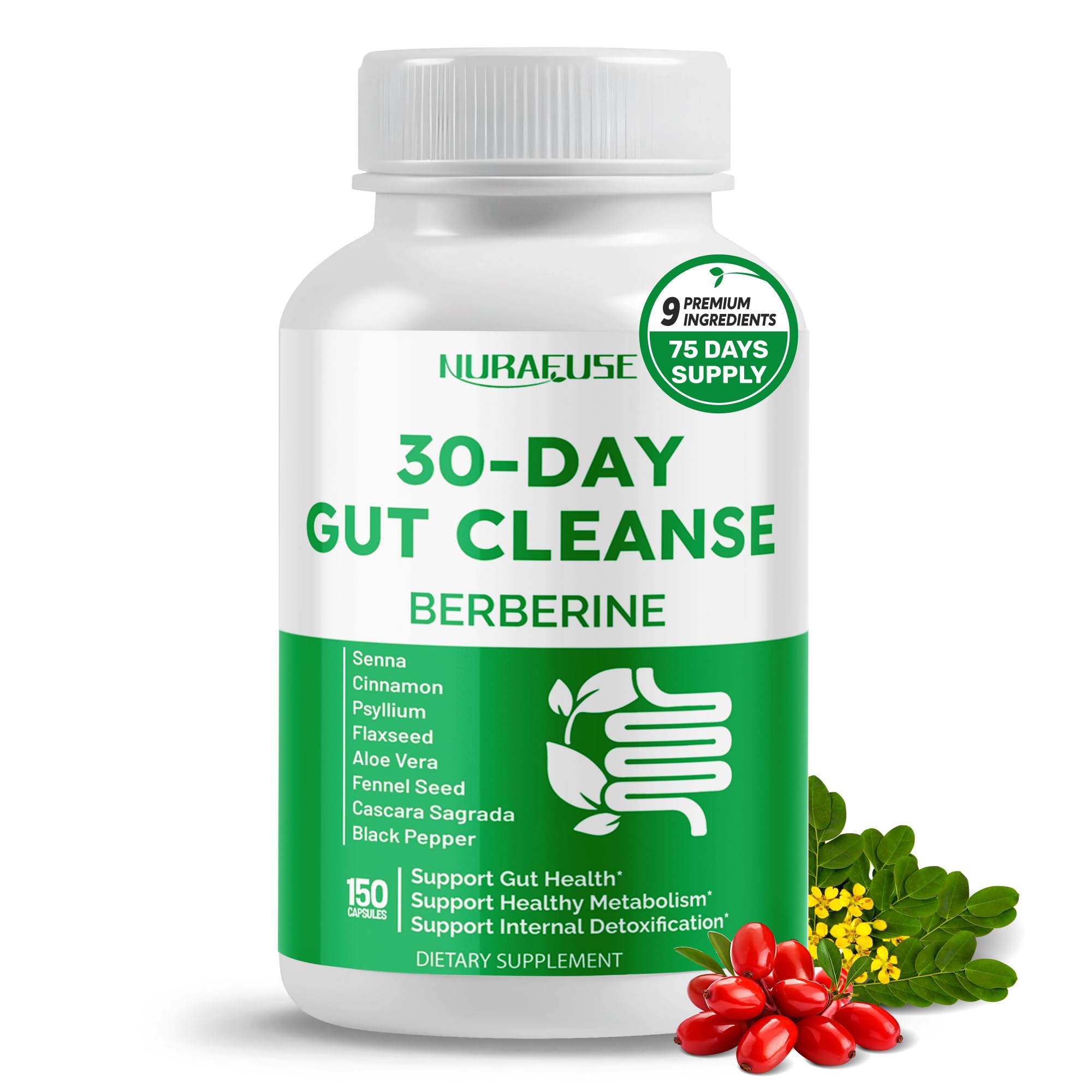 30-Day Gut Cleanse with Berberine and Senna, Cinnamon, Psyllium, Flaxseed, Aloe Vera– Supports Gut Health, Healthy Metabolism – 150 Capsules 150 count (pack of 1)