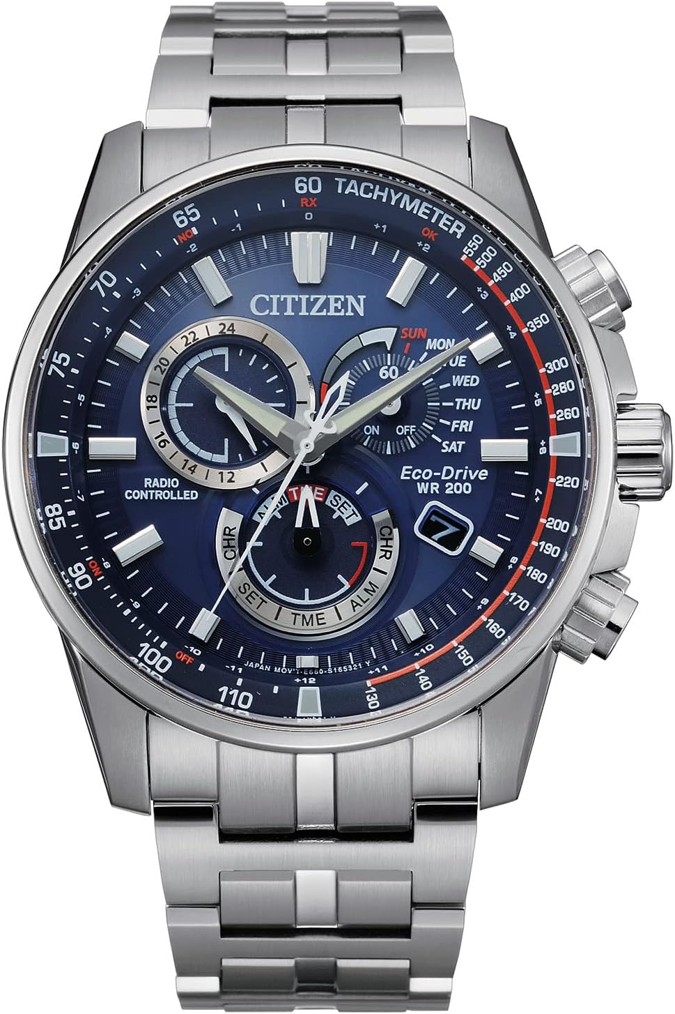 Men's Eco-Drive Sport Luxury PCAT Chronograph Watch in Stainless Steel, Blue Dial (Model: CB5880-54L)