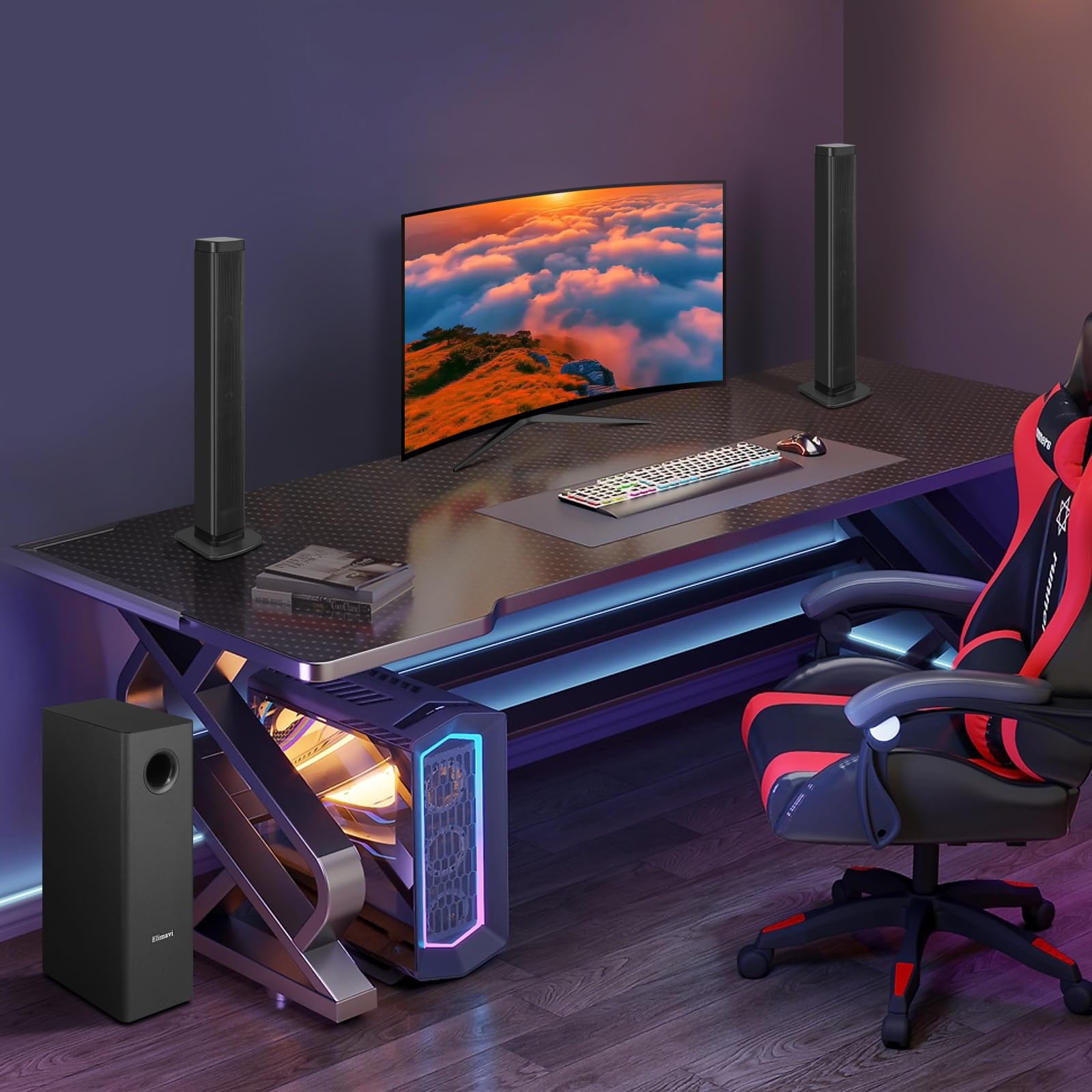 Elimavi Barra de sonido con subwoofer de 5.5 pulgadas, sistema de sonido envolvente desmontable 2 en 1, 2.1 canales, Bluetooth 5.3 y RCA, para TV, juegos de PC y cine en casa