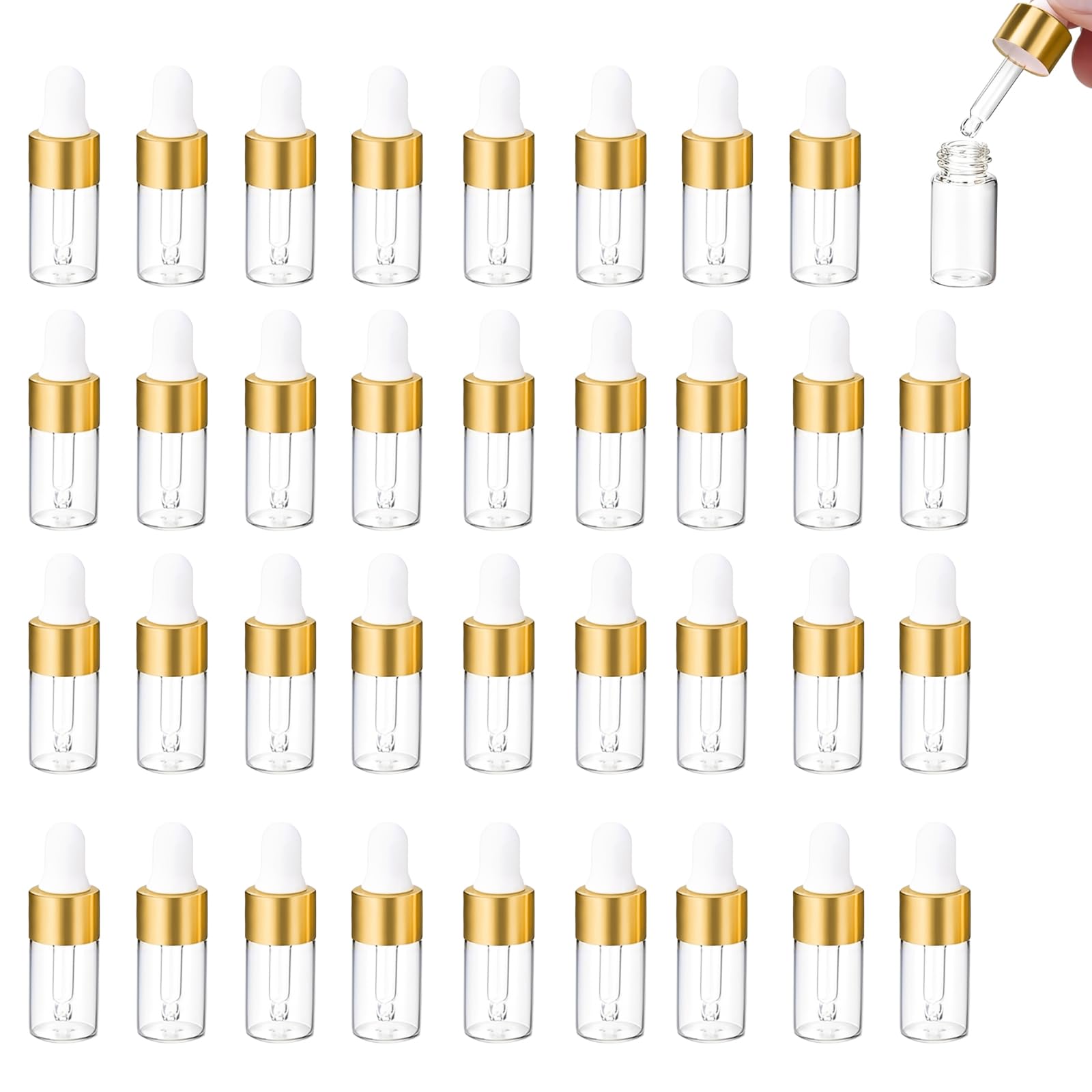 GMHLLES 35 Pcs 3ml Pipette Dropper Bottles, Mini Empty Glass Dropper Bottles Refillable Sample for Essential Oils Perfume Cosmetic Liquid