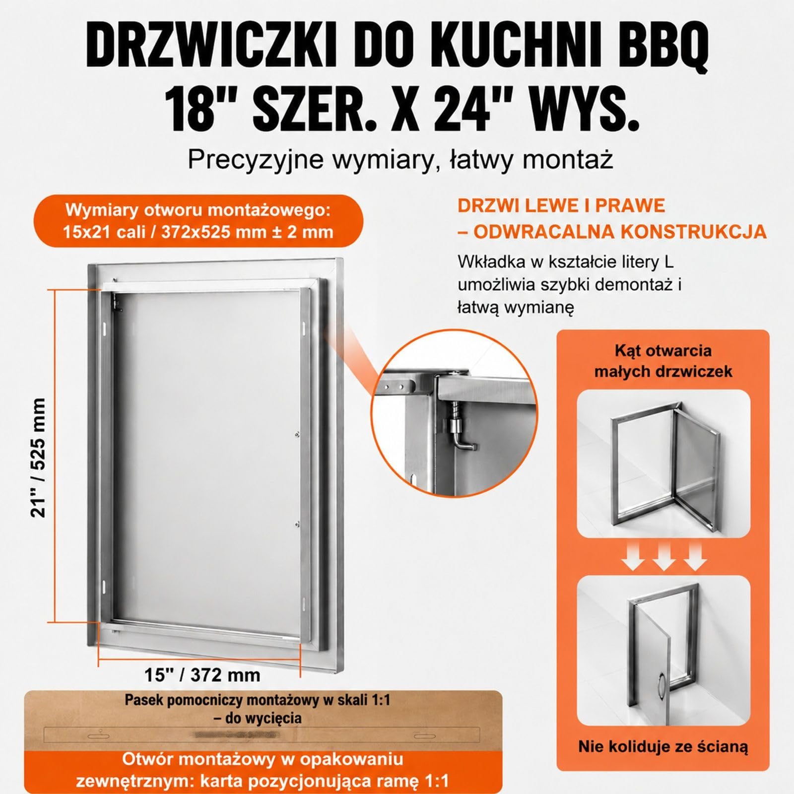 Pojedyncze drzwi dostępowe do grilla w kolorze stali nierdzewnej, montaż na równi z powierzchnią, pionowe drzwi ścienne z uchwytem do wyspy grillowej i szafki zewnętrznej