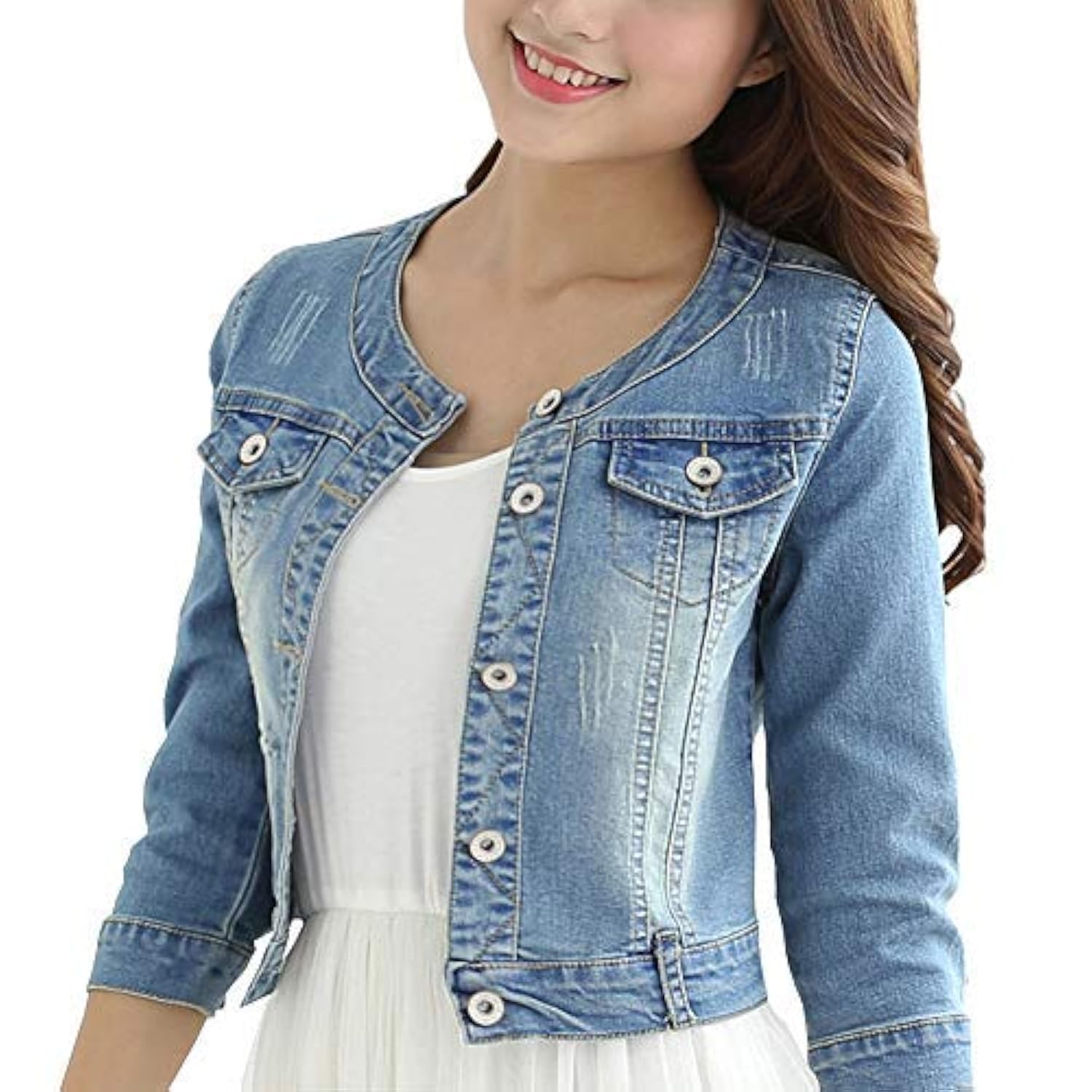Women's Short Denim Jacket Round Neck Denim Three Quarter Sleeves Light Blue Jacket