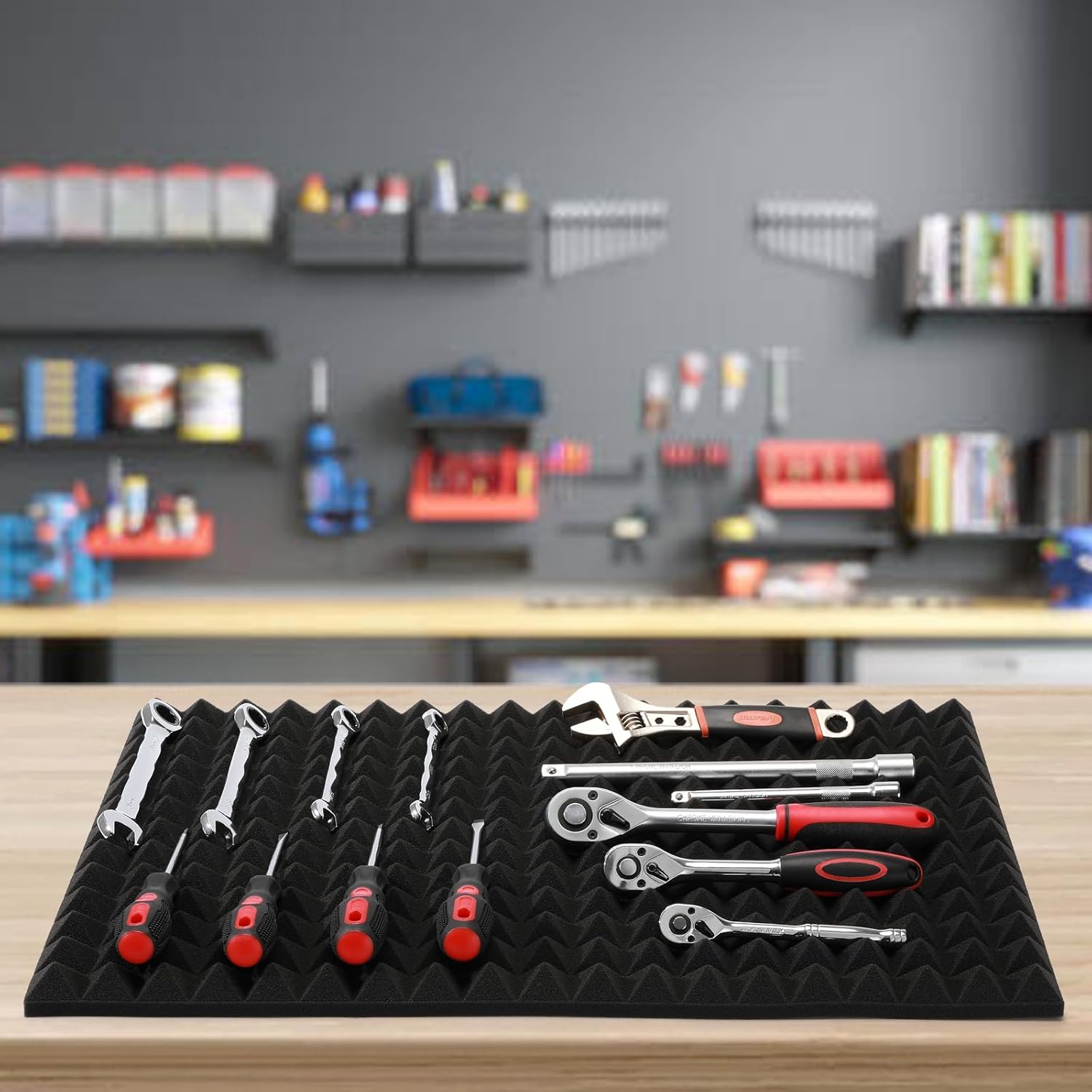 AIRTOON 4PCS Trap Mat Universal Tool Drawer Liners, Heavy Duty Toolbox Drawer Liners, Rolling Tool Chest Liner Foam, Non-Slip Organizer Liner for Toolbox, Cart, Work Bench, 23.62 x 15.75 Inches