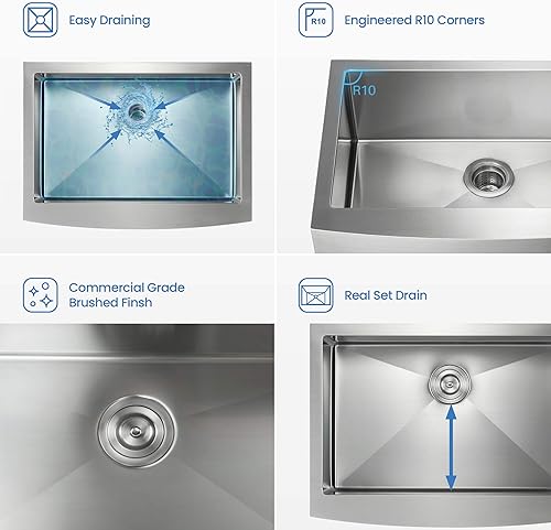 Miniatura 7 de KIBI Delantal de fregadero de cocina de granja de 30 pulgadas con rejilla inferior y colador, cuenco profundo de acero inoxidable de 10 pulgadas de