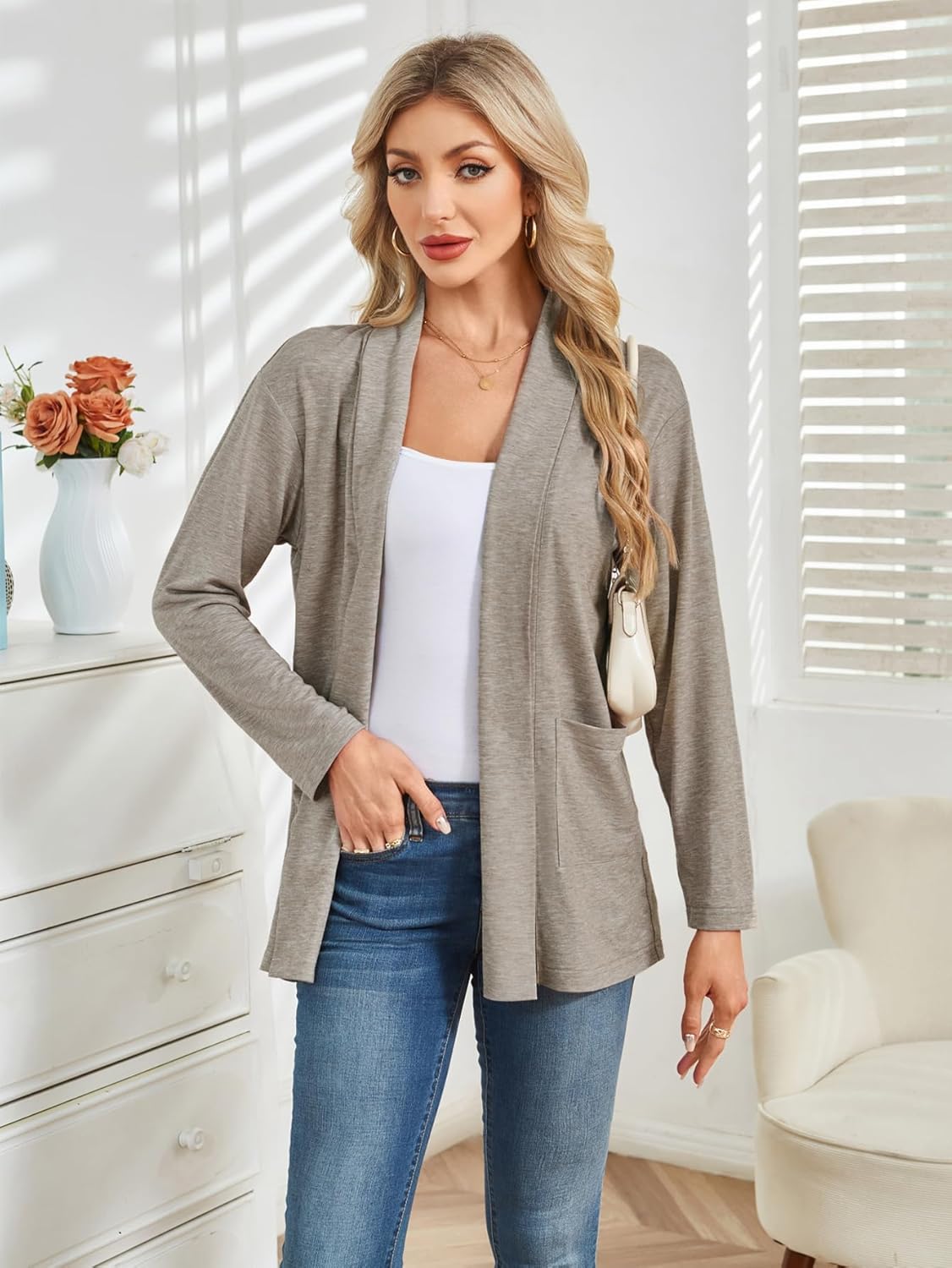 Besshopie Women's Lightweight Cardigan Long Sleeve Open Front Fall Sweater Dusters Shrugs with Pocket - Image 3