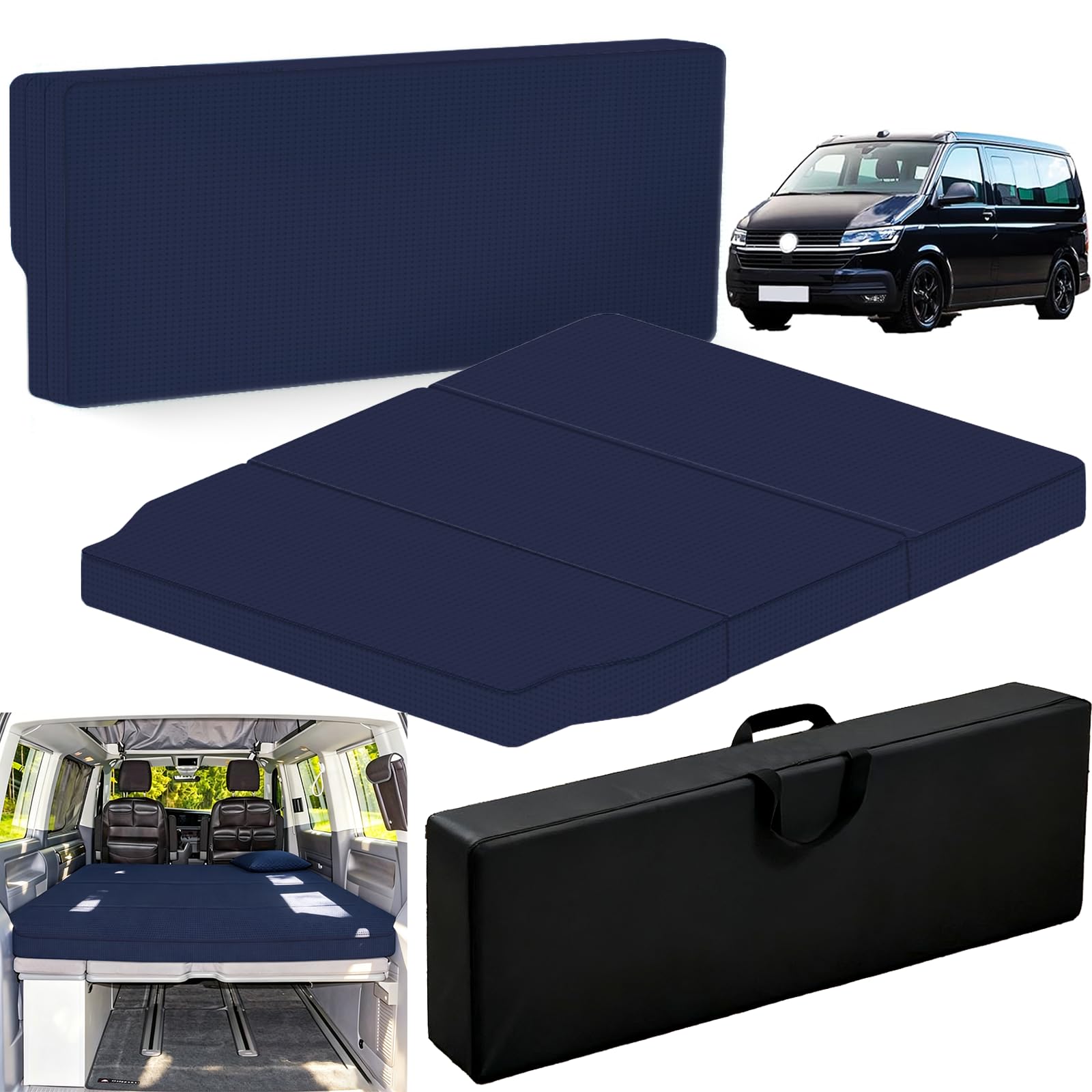 Atmungsaktive kühle komfortable Stoff-Automatratze zum Zusammenfalten kompatibel mit VW T32 T4 T5 T6 T6.1 T7 Multivan California Beach Caravelle Transporter Maße:186×148×8cm Wohnmobil Camper Zubehör
