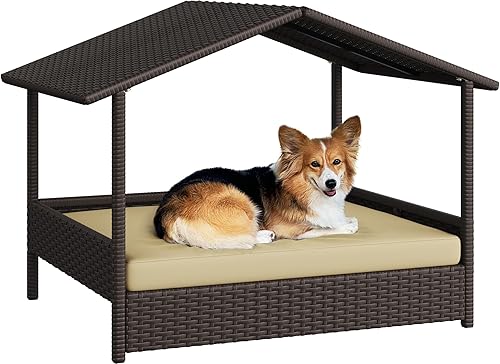 Yaheetech Casa de mimbre para perros al aire libre e interior con toldo, cama elevada para perros con cojín para perros pequeñosmedianos, sombra