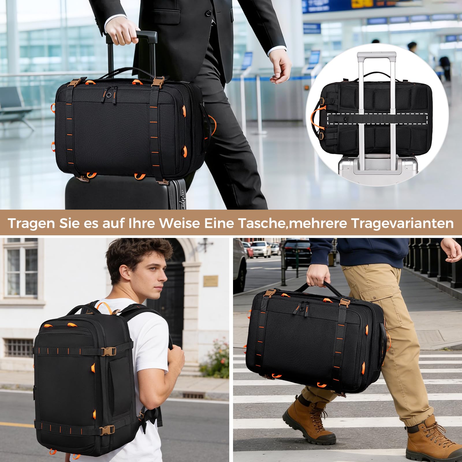 Fenree.geer Reiserucksack, Handgepäck Rucksack, Laptop Rucksack für 18.4 Zoll, Erweiterbar 49 L auf 59 L, Travel Backpack Damen & Herren für Flugreisen, Business, Weekender-Schwarz