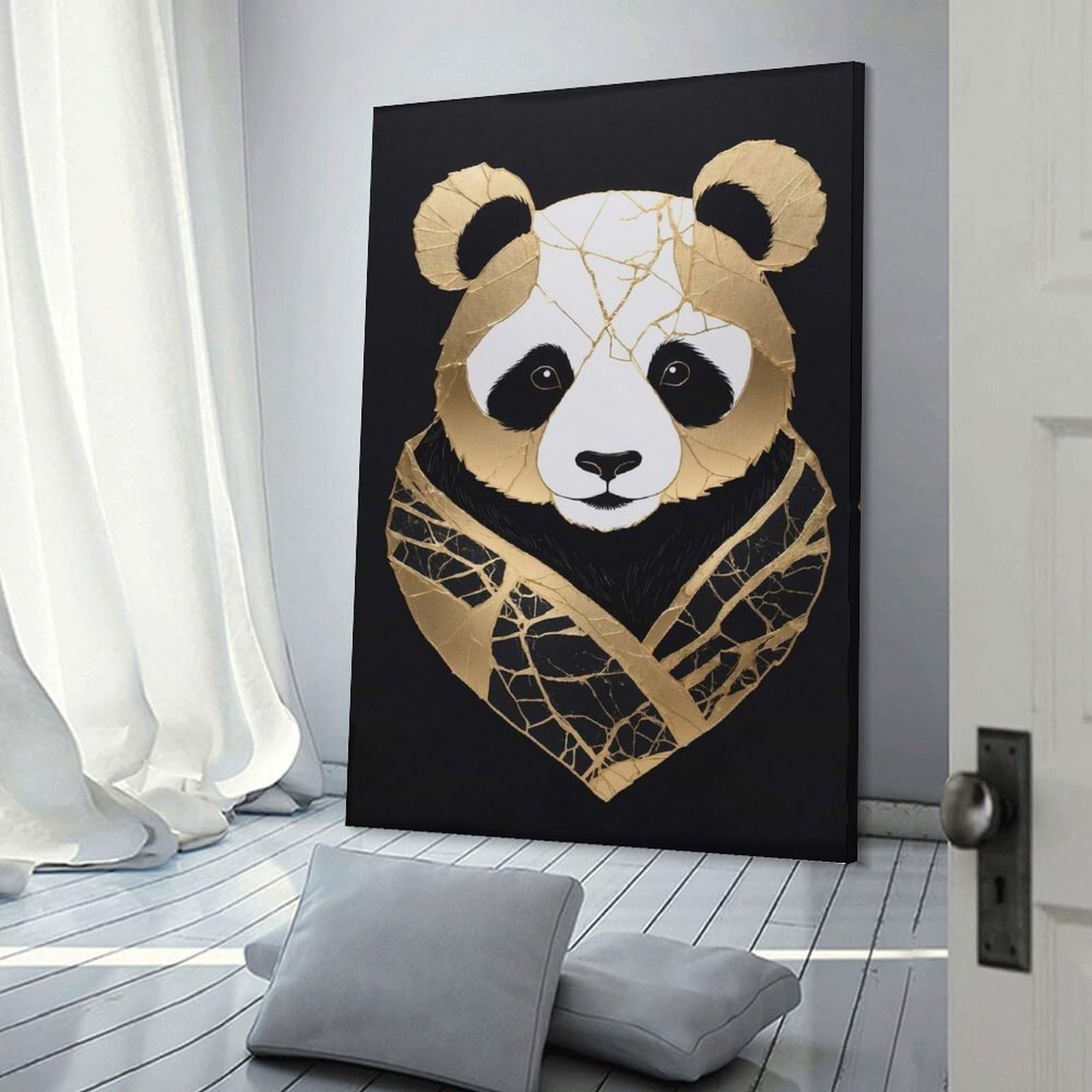 Junmoney Frame-Style-12-1 Golden Panda Kintsugi Art Hanging Wall Art 20X30inch(50X75cm), For Restful Interiors, Bedrooms Or Small Rooms, Home Artwork With A Soft Interior Feel