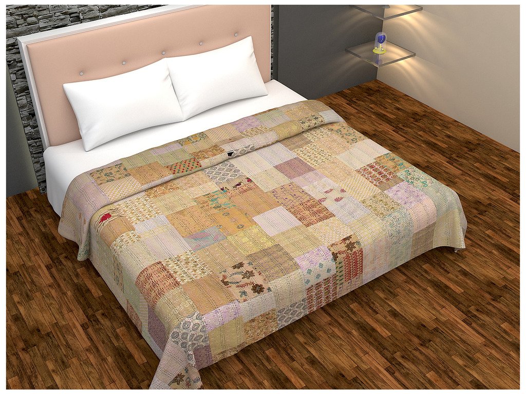 Indigenous Handicrafts Vintage Patch & Kantha Work Beige Bed Cover-image-45