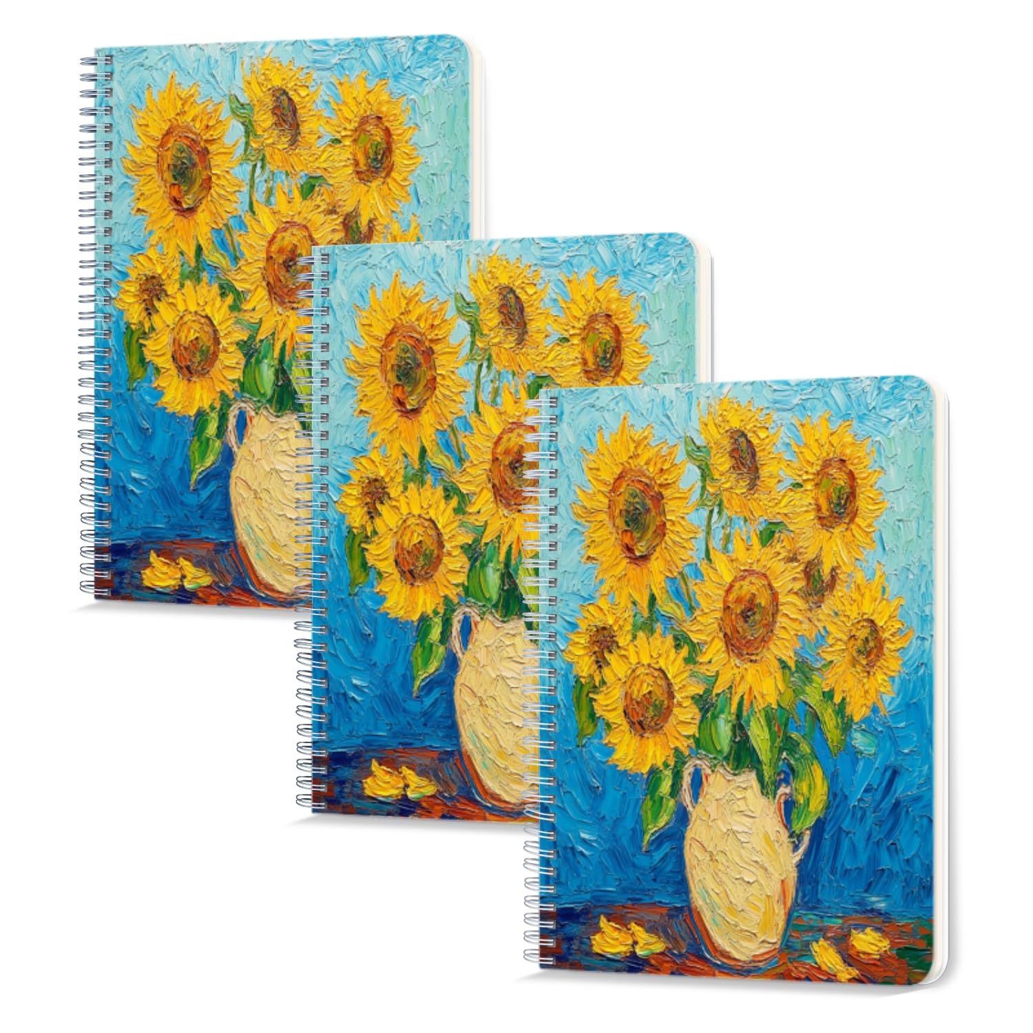 Lined Spiral Notebook,100 Pages,5.71x 8.26 inches Double-Wire Spiral Journal Notebook for Study and Notes Sunflowers in The Style of Van Gogh