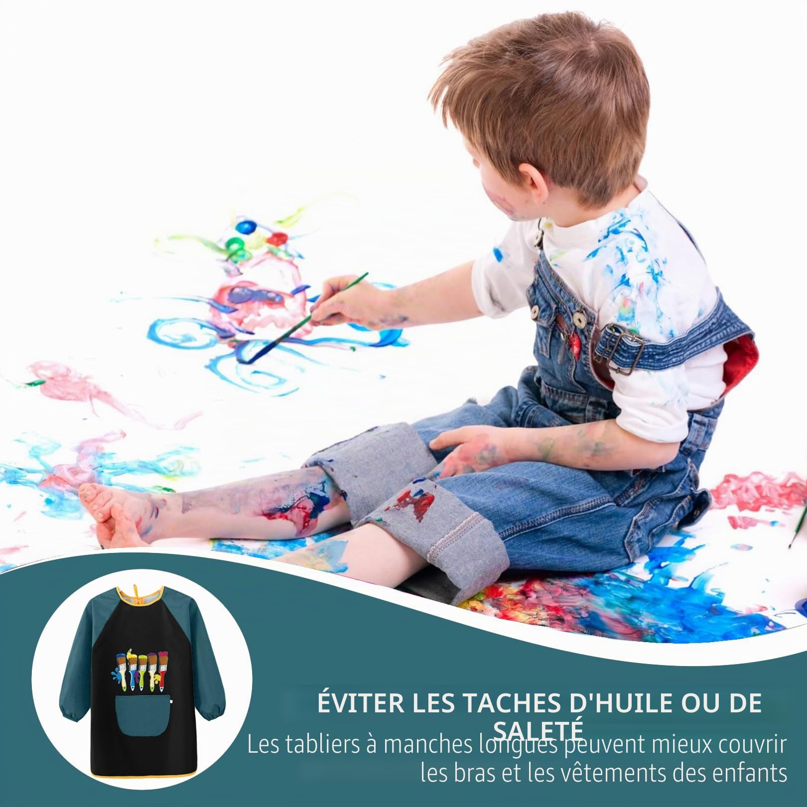 AONEGOLD Tablier de peinture enfant 7‑12 ans à manches longues, blouse imperméable avec grandes poches, pour peinture, cuisine, artisanat, repas et activités scolaires