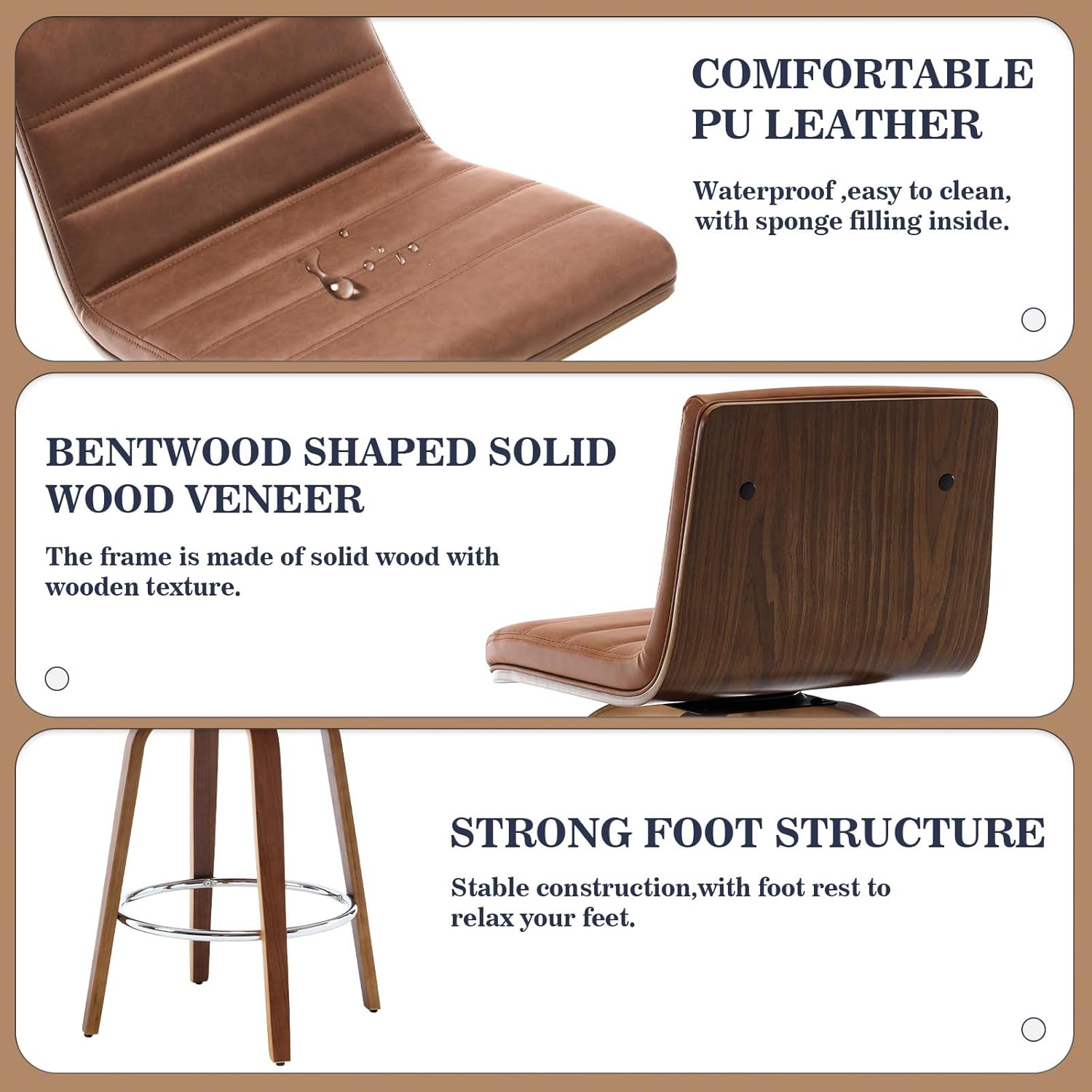 Bekrvio Bar Stools 26 Inch Counter Height, Set of 4, PU Leather Swivel Counter Stools with L Shape Backs, Bentwood Legs, Mid-Century Modern Upholstered Kitchen Counter Stool Pub Chairs, Saddle Brown