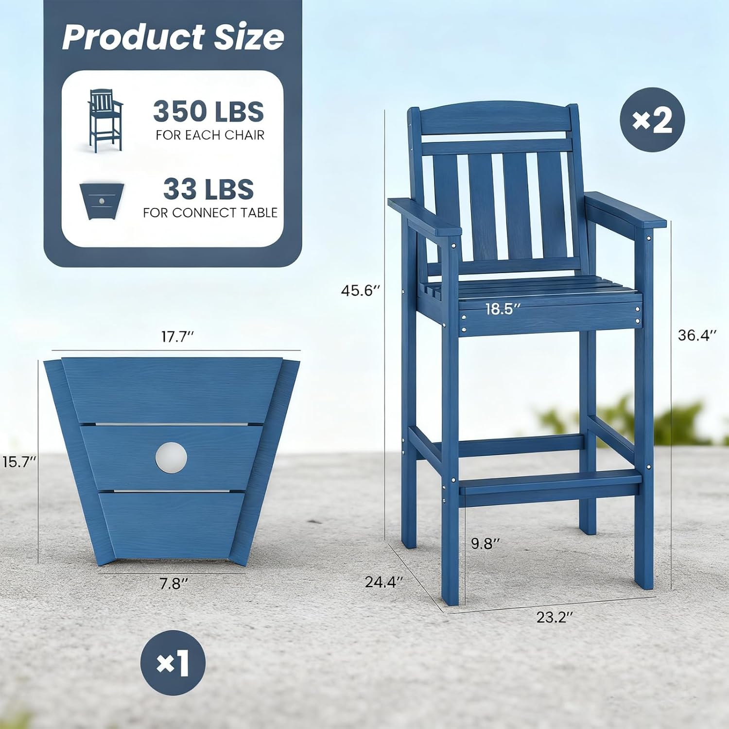 Tall Adirondack Chairs Set of 2 with Connecting Tray,Bar Height Adirondack Chair Patio Barstool,Ideal All Weather Tall Patio Chair for Balcony,Poolside,Backyard (2, Navy Blue)