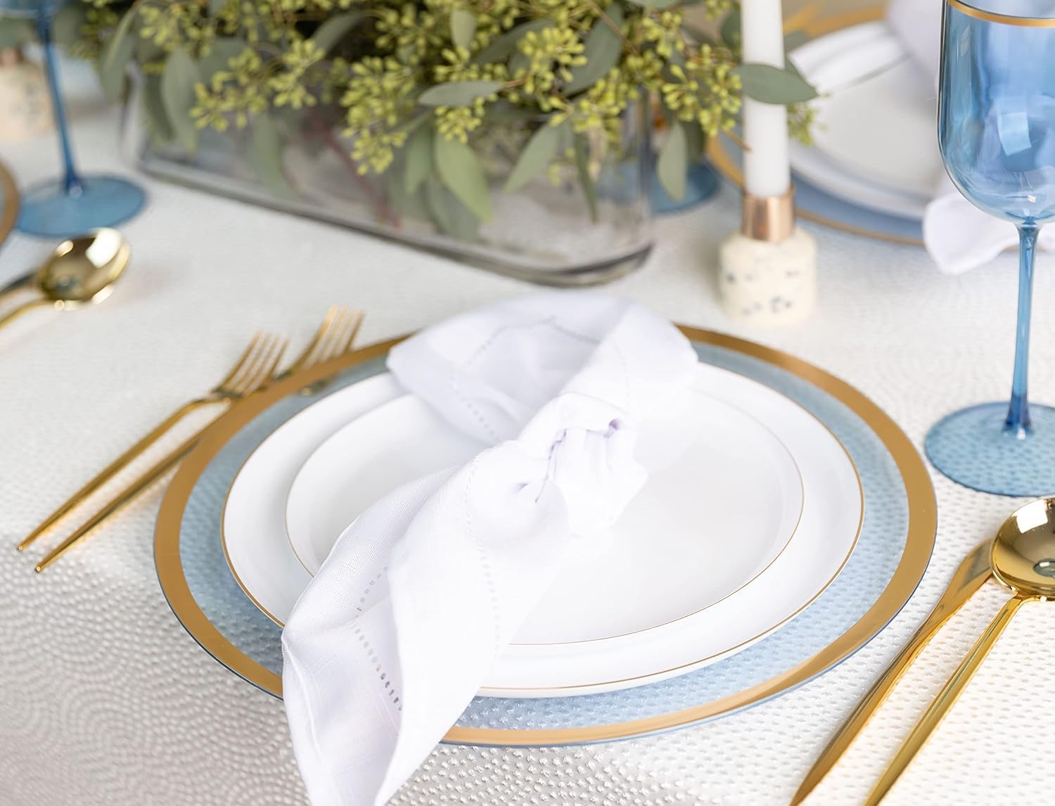 PARTY BARGAINS Disposable Plastic Plates Set – 8.6" Salad Plates & 10.6" Dinner Plates Combo, Heavy Duty Plates for Weddings Parties Catering Events, Edge Collection, White Gold Rim, 40 Pack (20 Each)