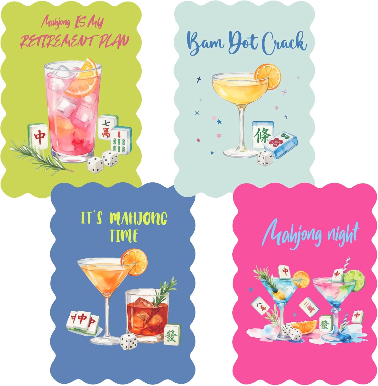 Mahjong Shuffler Cards Set-4 PCS Cocktail Theme PVC Tiles with Double-Sided Rules - Waterproof Durable Mahjong Accessories for Easy Setup | Unique Gifts for Mahjong Lovers, Women & Men（17*13cm)