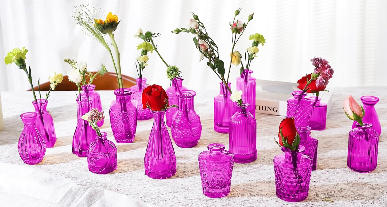 Glass Bud Vases Set of 24, Purple Vintage Small Vases for Flowers, Mini Glasses in Bulk, Small Flower Design for Centerpieces Wedding Decorations Home Flower Party Decor - Image 3