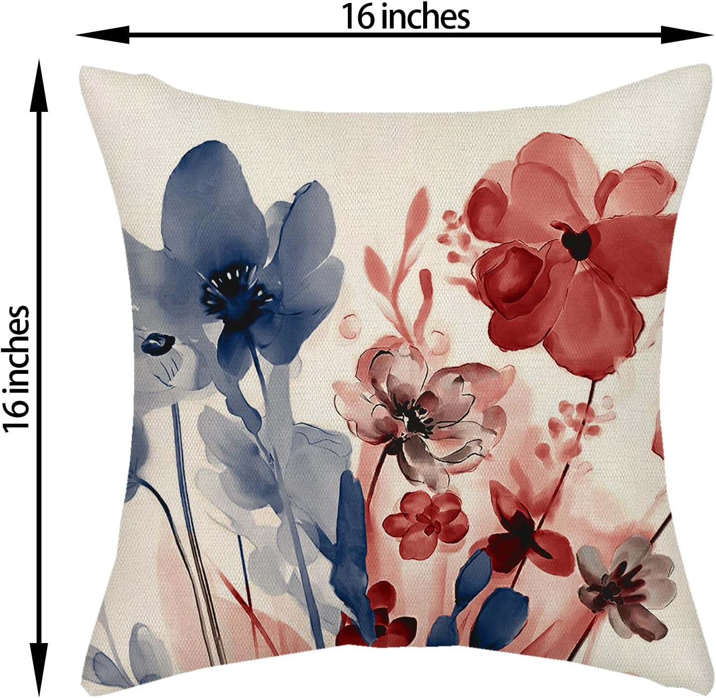 Blue Red Pillow Covers 16x16 Set of 2 Watercolor Floral 4th of July Flower Throw Pillows Patriotic Independence Memorial Day Decorative Pillowcase Linen Outdoor Cushion Cases for Couch Sofa image 2
