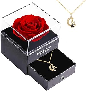 صندوق مجوهرات بتصميم زهور محفوظة تدوم للأبد، صندوق هدايا الورد الخالد مع سلسلة بدلاية على شكل قمر ملاك، هدية يدوية للنساء في أعياد الميلاد والكريسماس وعيد الأم وعيد الحب والذكرى السنوية (ذهبي)