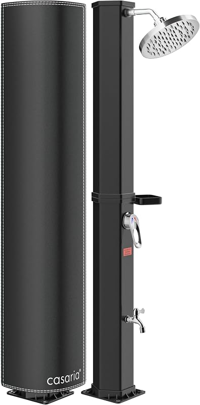CASARIA® Ducha Solar Exterior 35 litros Agua Caliente máx. 60 °C Bandeja Cabezal Tipo Lluvia Cubierta Protectora Resistente Rayos UV Grifo Conexión de Manguera