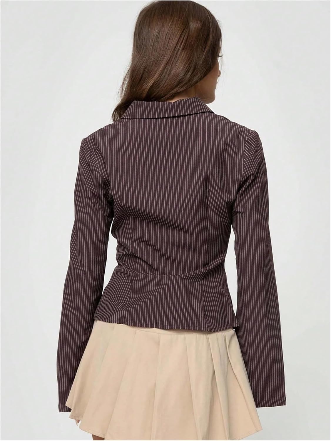 GORGLITTER Women's Bell Sleeve Button Up Fitted Tops Striped Cropped Blouse Business Casual Going Out Shirt Tops Dressy - Image 2