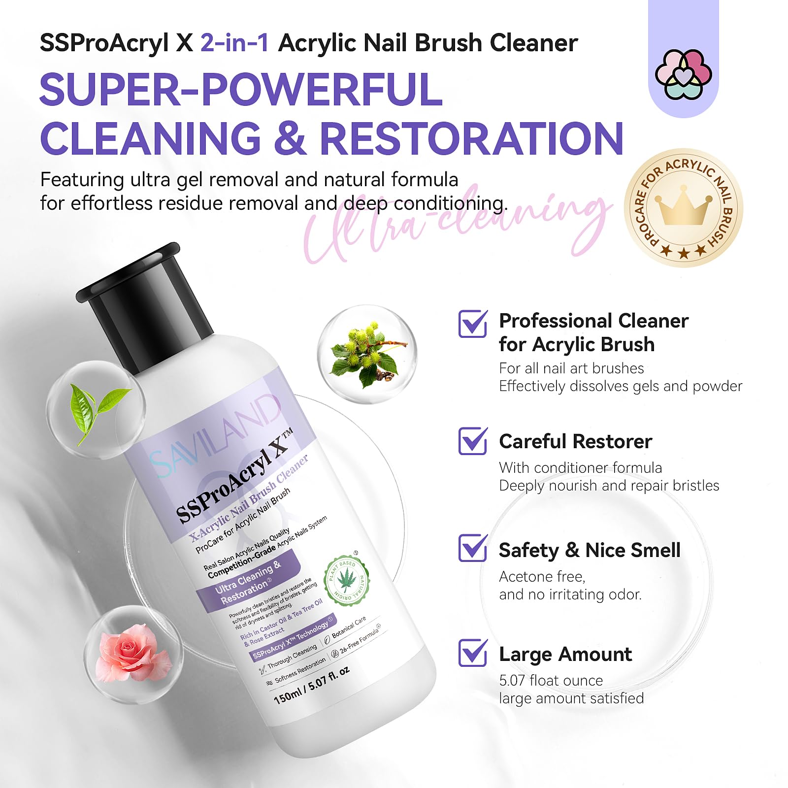 SAVILAND Acrylic Nail Brush Cleaner Set: Plant-Based With Tea Tree & Castor Oil - Image 2