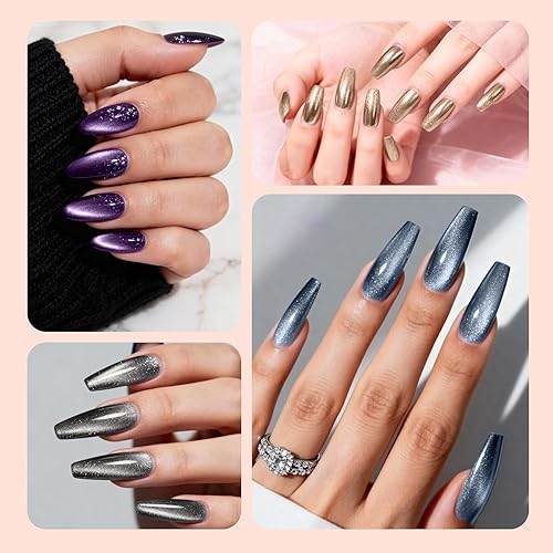 Miniatura 13 de Kit de uñas de gel de poliéster, gel de extensión de uñas de ojo de gato de EBANKU de 6 colores, gel constructor magnético con purpurina, kit 6