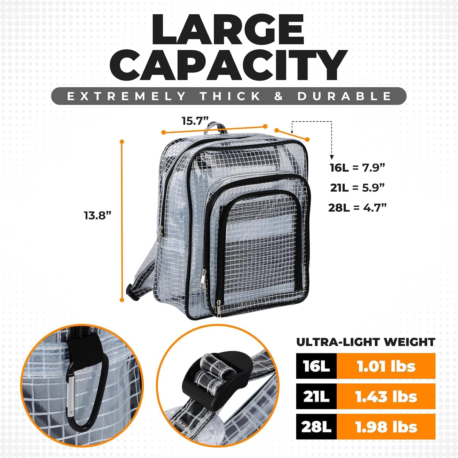 Large Clear Backpack, 15.7 Inches, ESD Anti-Static, Heavy Duty Transparent Cleanroom Tool Bag (Black, 21L)