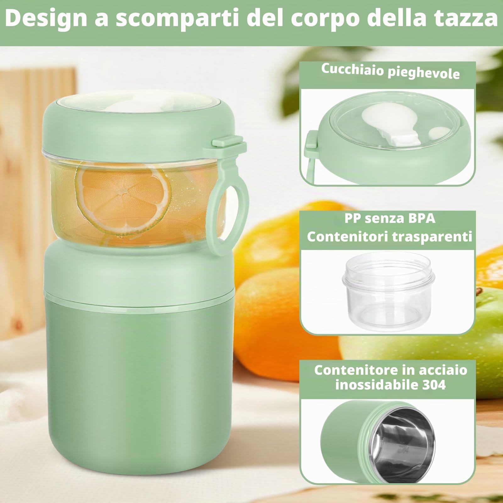 Grande Contenitore in Acciaio Inox per Cereali da Asporto, Tazza per Yogurt 530 ml + 330 ml Contenitore Porta Cereali Anti-Perdita Porta Pranzo Tazza per Yogurt Insalata Riso Avena (Verde)
