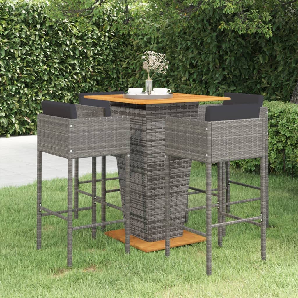 Ensemble de Bar de Jardin 5 pièces avec Coussins, Table et Chaises de Patio en Résine Tressée Gris
