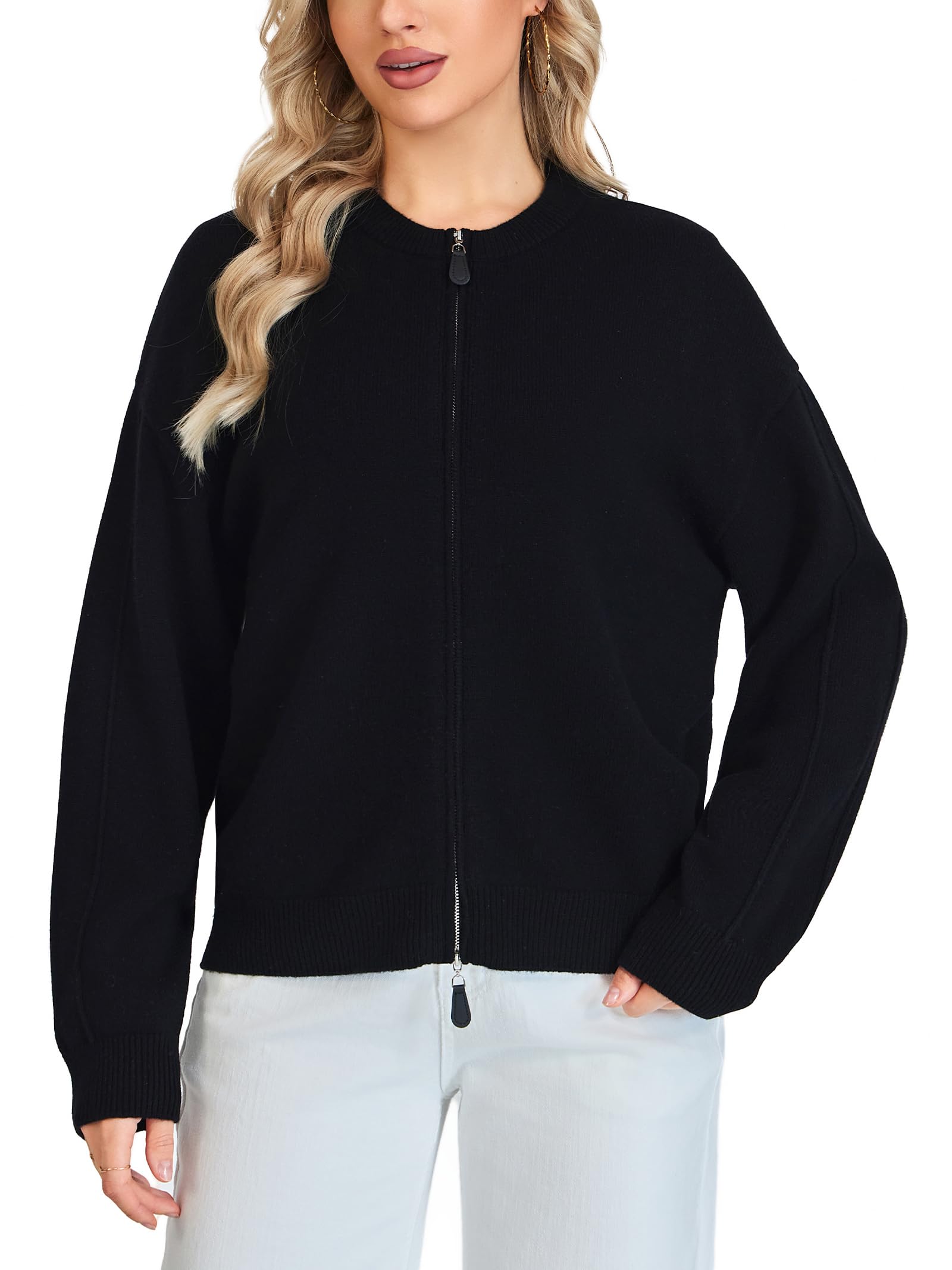 VETLURY Damen Strickjacke 100% Merinowolle mit Doppelreißverschluss - Rundhals Cardigan Elegant für Übergangszeit