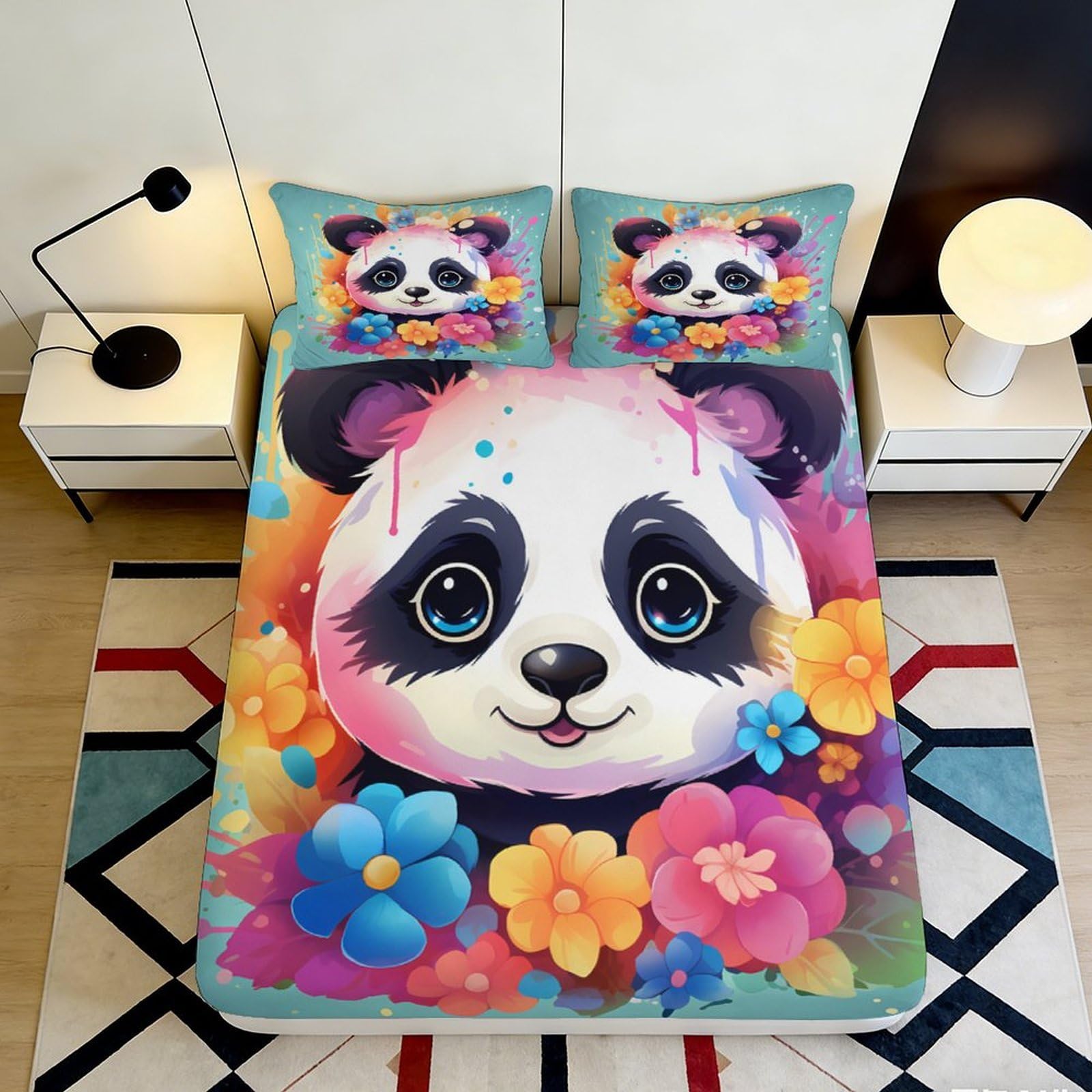 3D Printed Cute Panda Fitted Sheet Microfiber Soft Breathable Floral Bed Cover for Bedroom Dormitory Guest Room Mattress Protection Decor 180x200x25cm