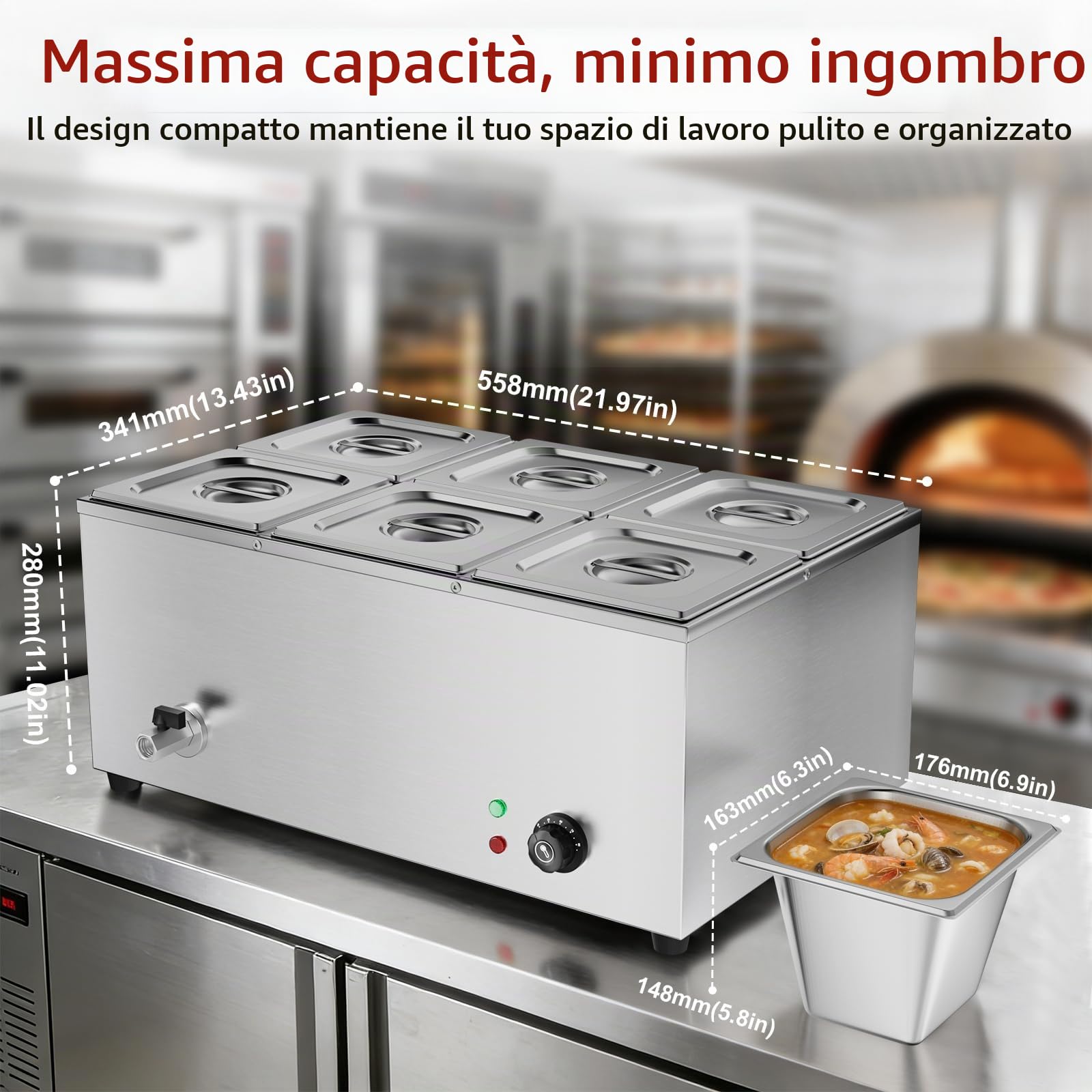 TAIMIKO Bagno Marie elettrico in acciaio inox 220 V scaldavivande professionale commerciali con 6 vassoi per pentole con rubinetto di scarico