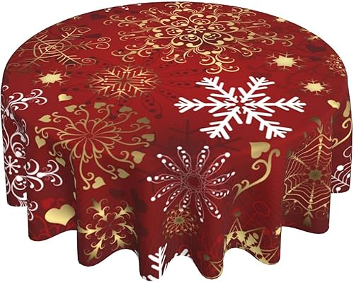 Sweetshow Mantel redondo de Navidad de 60 pulgadas con diseño de copos de nieve blancos y dorados, a prueba de polvo, resistente a las arrugas, para