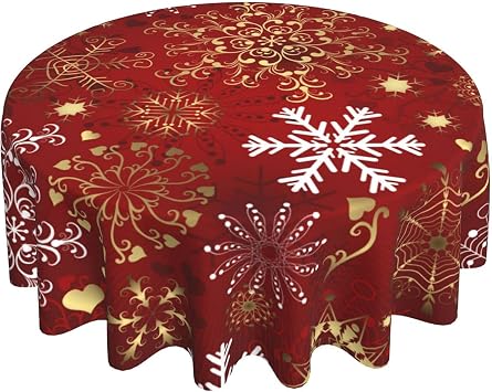 Sweetshow Merry Christmas Round Tablecloth 60 Inch Winter Gold White Snowflake Decorative Round Table Cloth with Dust-Proof Wrinkle Resistant for Home Kitchen Dining Room Patio Outdoor Picnic Party
