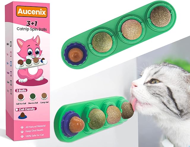 Aucenix Catnip Ball for Cats Wall, 3-In-1 Catnip Toys Balls for Cat Licking, Natural Rotatable Edible Treats Ball Roller with Self-Adhesive Kitten Candy for Cleaning Teeth, Protect Stomach (Green)